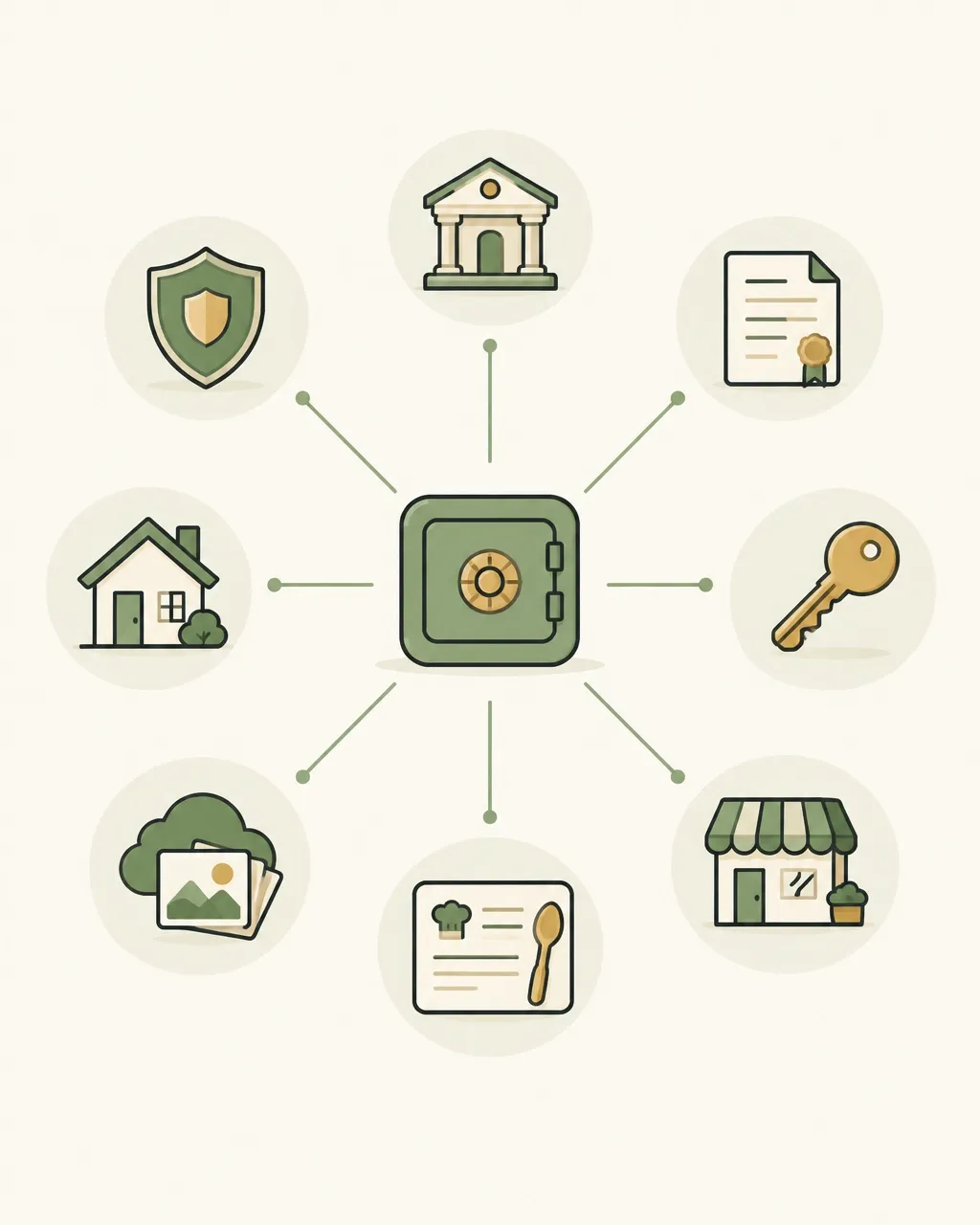 A simple map of account and life-planning icons connected to a secure vault