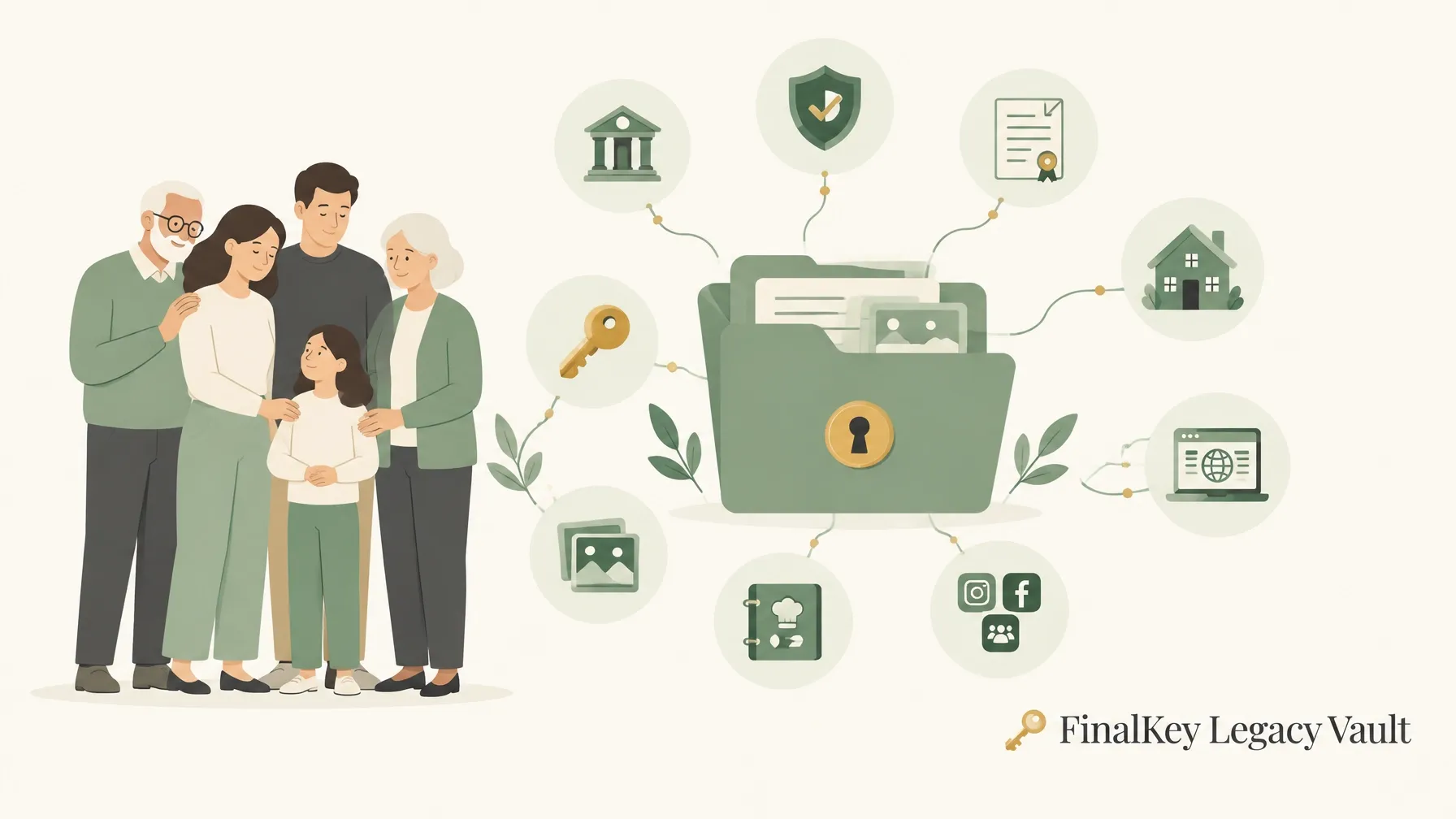 A warm family beside a secure digital vault and an organized map of accounts, with the FinalKey Legacy Vault wordmark